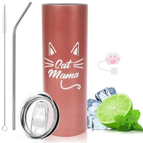 LOMUG Cat Mom Geschenk für Frauen, 20Oz Doppelwandig Tumbler Trinkbecher, Reisebecher für Katzenliebhaber, Katzennapf mit Strohhalm, Bürste und Strohhalmstopper für Mama Freundin Kollegen, Freund.