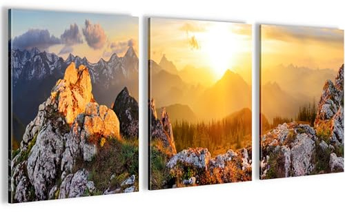 Novart Wandbilder Set Landschaft Berge Natur - KOMPLETT AUFHÄNGFERTIG - Wohnzimmer Schlafzimmer Flur Deko - 3 Moderne Bilder Orange Braun - N033035a