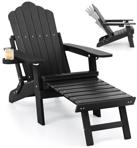 RELAX4LIFE Folding Adirondack Chair, All-weather HIPS Patio Lounge Armchair with Adjustable Backrest & Retractable Footrest, Garden Fire Pit Chair Reclining Deck Seat for Lawn, Backyard (Black)