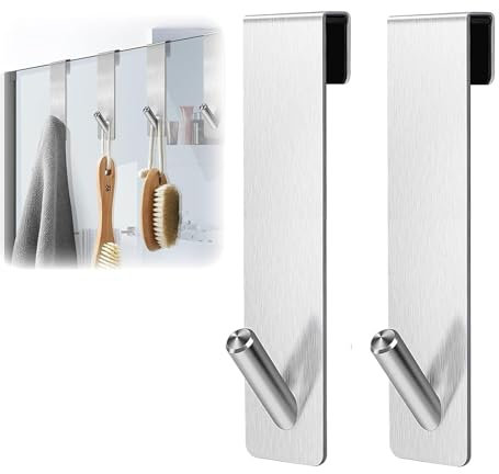 2 Pcs Shower Glass Door Hooks Over Door Hooks, Frameless Extended Hook, No-Drilling Towel Hanging Hook, Brushed Stainless Steel Doors Hanger, Sturdy Overdoor Towel Rail for Clothes Bathrobes Coat