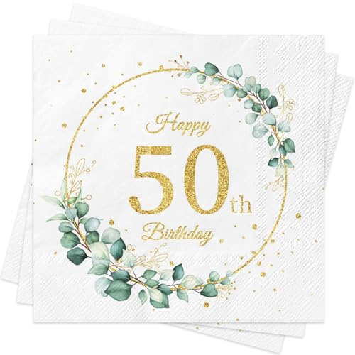 Servietten 50.geburtstag, 40 Stück Eukalyptus Grün Gold Geburtstags Servietten,Sage Grün Papierservietten für Mann Frau Geburtstag Feier Jubiläum Tischdekoration