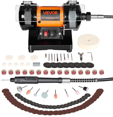 VEVOR Polisseuse d'Établi, Touret à Polir à Vitesse Réglable de 8300 à 10600 tr/min, Kit de 100 Accessoires, Polissage pour Bijoux, Métal, Pierre, Bois et DIY, avec Meule et Disques Fibre et Laine