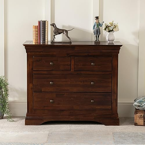 The Furniture Market French Hardwood 2 Over 2 Drawer Bedroom Chest, Small Storage Unit, Mahogany Stain Finish, Solid Acacia Wood, Classic French Style, Dovetail Joints - H 800mm x W 970mm x D 440mm