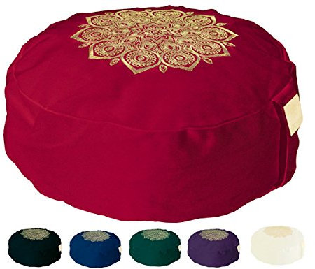 Om Vita - Cuscino da yoga o meditazione Zafu con imbottitura in 100% grano saraceno biologico e decorazione mandala realizzata a mano, Red Stitched