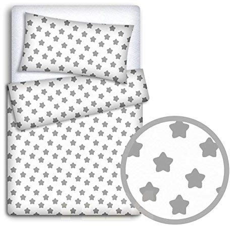 Babymam Baby Newborn Bedding Set Pillowcase + Duvet Quilt Cover 2 Piece to Fit Cot Crib Cradle Pram 135x100cm (Big grey stars on white background)