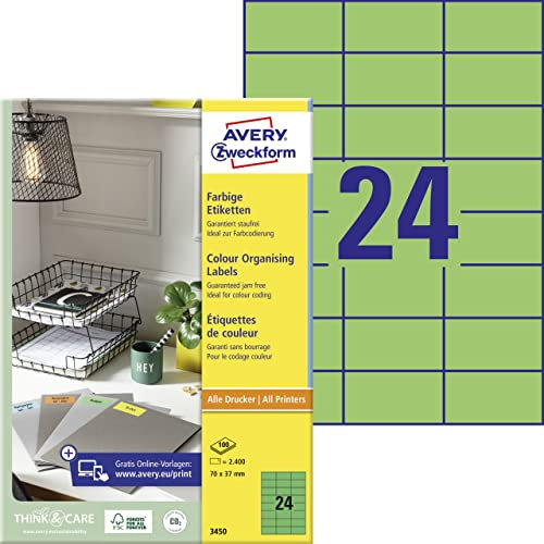 AVERY Zweckform 3450 Grüne Etiketten (2.400 Aufkleber, 70x37mm auf A4, permanent haftend, selbstklebende Farbetiketten, Papier matt, bedruckbare, farbige Klebeetiketten) 100 Blatt