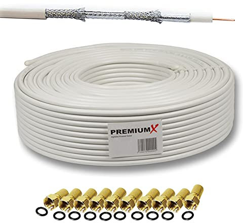 Premium X 30m Cavo coassiale SAT 135dB Digitale - Schermatura quadrupla - Ultra HD 4K DVB-S/S2 DVB-C/C2 DVB-T - Cavo Antenna TV Digitale, DVB-T2, Satellite - 30 Metri + 10 connettori F