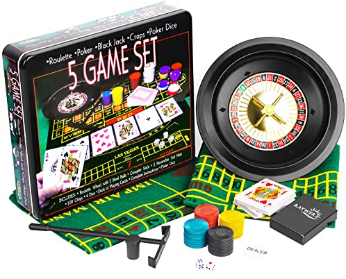Bo-Toys 5 in 1 Casino Spiele Set: Roulette, Poker, Black Jack, Craps, Chips, Matten, Würfel, Karten, für 6 Spieler, Alter 144+ bis 180+