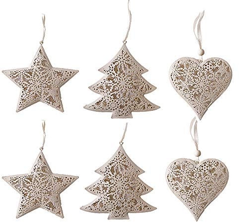 Valery Madelyn 6pcs Metal Silver & White Christmas Hanging Ornaments - Scandi Xmas Tree Decoration with Star, Tree, Heart-shaped Patterns (5 Inch)