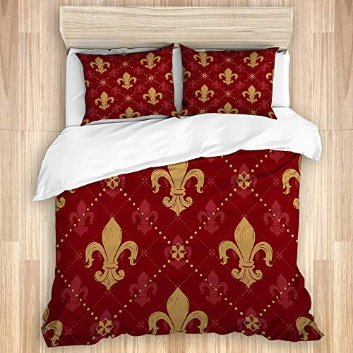 LASINSU Parure de lit Adulte,Héraldique Lys Rouge Cher Roi Doré Lys Fleur Motif Roi Médiéval France Empire Conception,1 Housse de Couette 200x200cm+2 Taies d'Oreillers 50X75CM