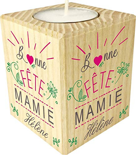 Bougie personnalisée Bonne fête Mamie – Porte Bougie en Bois personnalisé avec Le prénom de Mamie – Cadeau Noël, Anniversaire, fête des Grands mères – Cadeau Personnalisable pour Mamy