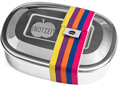 Brotzeit 16x12x4cm Streifen bunt neon Edelstahl Brotdose Magic Gummiband Streifen Edelstahldose Vesperdose Jausenbox Brotzeitdose (Streifen bunt gelb)