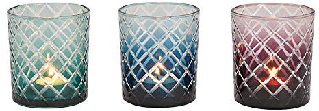 mucplants 3X Hochwertiges Windlicht aus Glas in Grün/Rot/Blau ca. 9x10x9cm Teelichtgläser Windlichterset