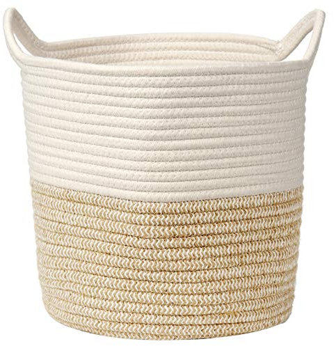 Wäschekorb Aufbewahrungskorb aus Baumwolle Seil Wäschesammler Geflochten Korb Baby Spielzeug-Aufbewahrungsbehälter mit Griff für Wohnzimmer Kinderzimmer Badzimmer 28x28CM
