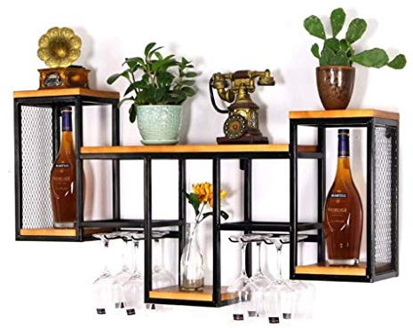 NMDCDH Vintage Wand Weinregal Organizer, rustikale Flasche Glashalter Bar Küche Home Wandregal Weinkelch Stemware Lagerung Display Regal