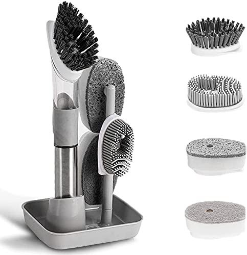 XiaoShenLu Spülbürste, Seifenspender Spülbürsten-Set mit 4 Ersatzköpfen und Aufbewahrungshalter, Küchen-Scheuerbürste für Spülbecken-Reinigung, Grau