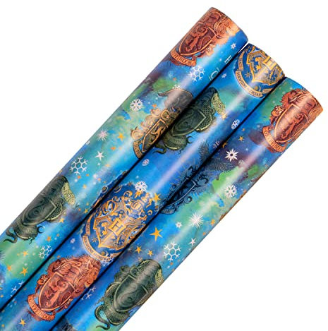Hallmark Weihnachts-Geschenkpapier, 3 Stück, Harry Potter-Geschenkpapier, je 4 m, 1 Hogwarts-Wappen-Design, Blau