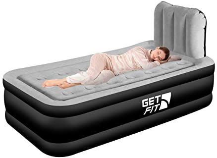 Get Fit Air Bed With Built In Electric Pump - Premium Single Airbed - Quick Blow Up Bed With Headboard & Free Inflatable Pillow - Elevated Inflatable Air Mattress For Outdoor, Camping - Black/Grey