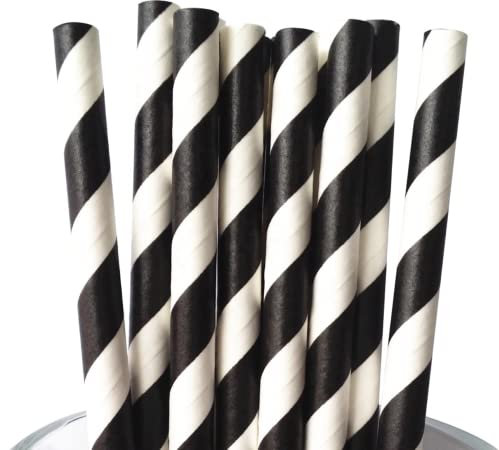 Lot de 250 pailles en papier à rayures noires et blanches 200 x 6 mm