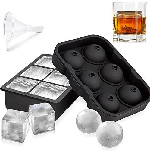 RJMAC Silicone Ice Cube Trays,Sphere Ice Ball Maker with Lids & Large Square Ice Cube Molds for Cocktail, Freezer,Juice,Chocolate - Black