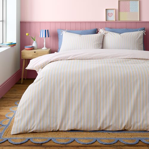 Catherine Lansfield Brighton Stripe Bow Trim King Duvet Cover Set with Pillowcases Pastel