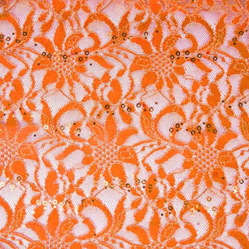 (13,90 /m) Stoff Spitze Glitzer schwarz | Spitzenstoff mit Pailletten Meterware | (orange)