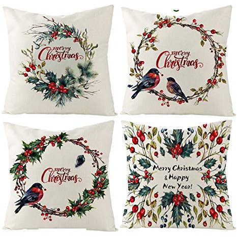 Kissenbezüge Couch 4er Set, Weihnachten Kinder Deko Kissenbezug Corona di Uccelli Weihnachtsschmuck fürs Wohnzimmer 45X45CM