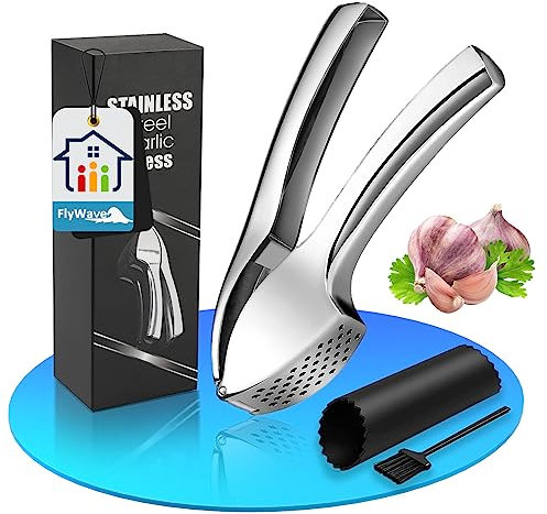 Schiaccia Aglio, FlyWave Spremiaglio Forte, Schiaccia Aglio Acciaio Inox, Spremi Aglio in Acciaio Professionale Adatto per Tagliare l'aglio e Cucinare in Cucina