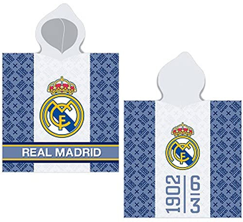 Real Madrid Kinder Kapuzen Bade-Poncho 60 x 120 100% Baumwolle Veloursqualität Pareo Badetuch Strandtuch Bademantel Primera Division Fußball ¡Hala Madrid Madridista C.F. Estadio Santiago Bernabéu