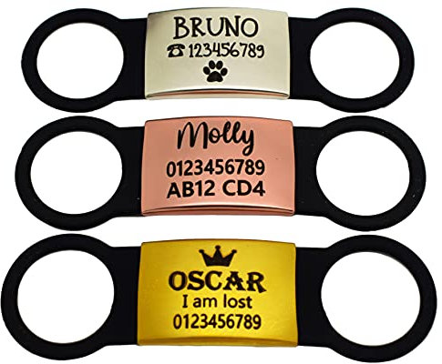 SUCRE Slide On Laser Engraved Pet ID – Personalised Dog Tag & Cat ID | Silicone Made Dog Tags for Pets Engraved UK are Silicone Slide On, Essential Puppy Accessories and Puppy Stuff (Rose Gold, Black)