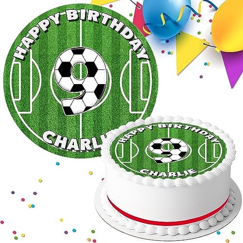 FOOTBALL GRASS PITCH YOUR NAME & AGE BIRTHDAY 7.5 INCH EDIBLE ICING CAKE TOPPER DECORATION FB8482