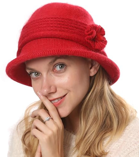 Huakunda Damen Strickmützen Gefüttert Winterhut Warm Vintage Floral Knit Beaniemütze Elegant Frauen Bucket Hüte für 55-60 cm (Groß Rot)
