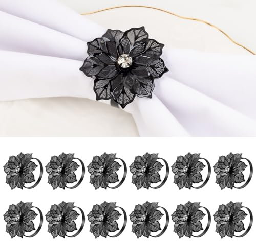 SIYOMG 12 Stück Blume Serviettenring Schnalle, Aushöhlen Blumen Metall Serviettenringe Halter für Hochzeitsbankett Weihnachtsessen Tischdekor (Schwarz)