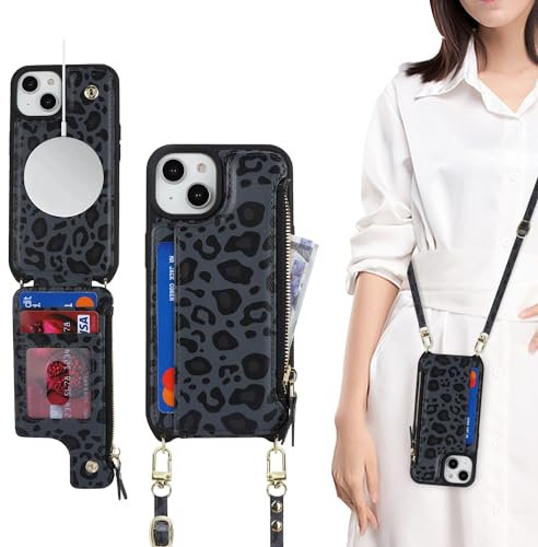 SailorTech for iPhone 13 Case with Credit Card Holder magsafe, iPhone 13 Phone Leather Case Wallet for Men Crossbody with mag safe Zipper Shockproof Case for Women - Black Leopard
