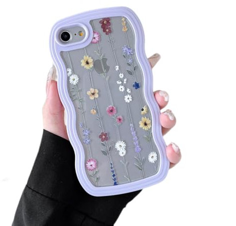 ZTOFERA Wavy Case for iPhone 7/8/SE 2020/SE 2022, Cute Clear Protective Case with Climbing Flowers Pattern, Hard PC Colored Wave Frame Soft Silicone Bumper Shockproof Cover for Girls Women, Purple