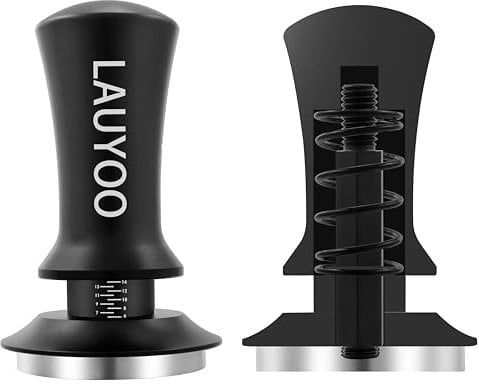 LAUYOO Espresso Coffee Tamper, Premium Barista Coffee Tamper with Calibrated Spring Loading, 100% Flat Stainless Steel Base Tamper for Espresso Coffee Machine (Black 51mm)