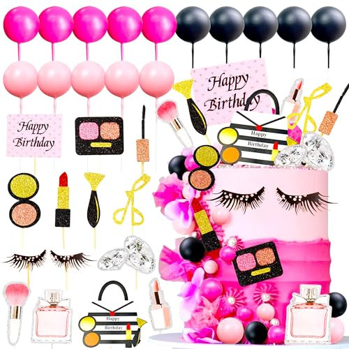 Makeup Cake Toppers Glamour Party Decorations Pink Girl Birthday Cake Decorations Pink Balls Cake Topper Spa Birthday Party Supplies