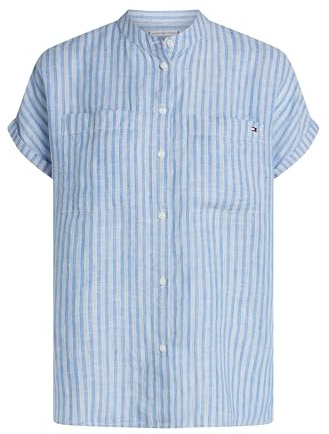 Tommy Hilfiger Damen Bluse Linen Collarless Kurzarm, Blau (Multiple STP/Blue Spell), 34