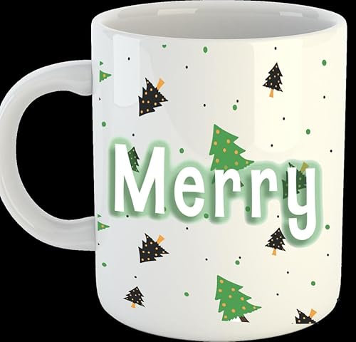 Taza de Feliz Navidad, árbol de Navidad verde, 300 ml, apta para lavavajillas y microondas (cerámica)