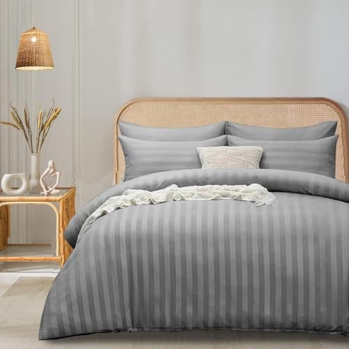 funky gadgets Single Duvet Cover Set Grey, Microfiber Satin Stripe Duvet Cover Luxury Hotel Bedding Sets with Pillowcase Breathable Ultra Soft Reversible Quilt Covers.