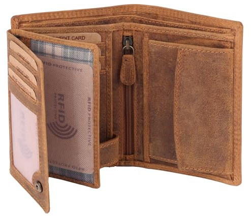 Benthill Herren Echt Leder Geldbörse - Geldbeutel mit RFID-Schutz - Slim Portemonnaie für Männer - Echtem Vintage Leder, Farbe:Brown - Tan (H)