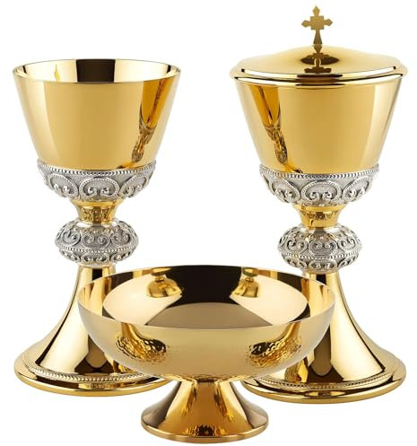 Holyart Kelch, Ziborium, Hostienschale, Messing zweifarbig versilbert/vergoldet, Knoten mit Spangenmotiv, Molina, Hostienschale
