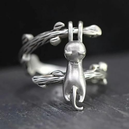 Süße Katze klettert auf einen Baum, geöffnete Ringe, Fingerringe, Geschenk für Frauen, versilbert, verstellbar – Standard
