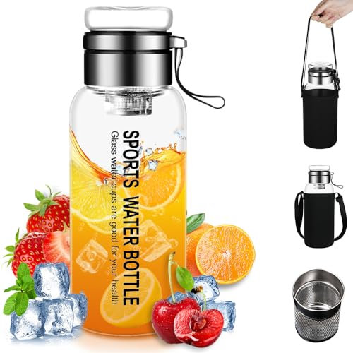 LYPPUL Glasflasche 1 liter, Trinkflasche Glas, Wasserflasche Glas mit Neoprenhülle und Edelstahl-Sieb, Glastrinkflasche Teeflasche, Water Bottle für Sport, Büro, Schule & Outdoor