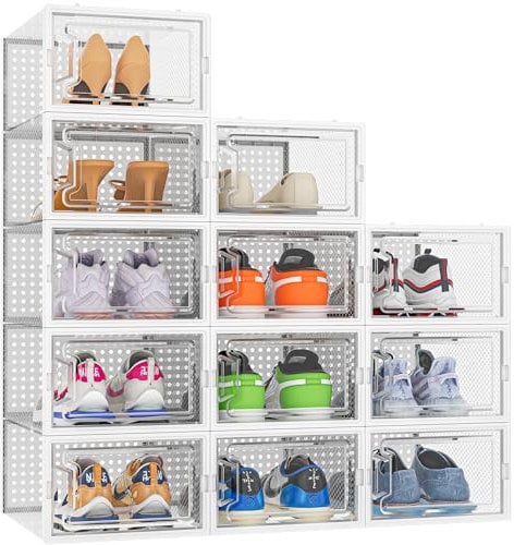 HOMIDEC Shoe Storage Box,12 pcs Stackable Shoe Boxes Clear Plastic Shoe Organizer Shoe Containers with Lids for Women/Men,Fit UK 9.5