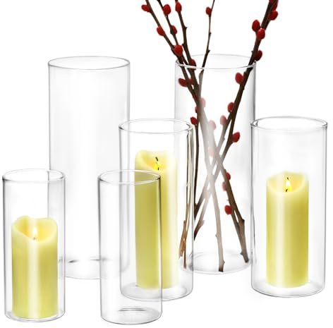 QWORK® 6 Stück Vase Glas Set, Zylinder-Glasvasen 25cm/20cm/15cm, Vielseitige Tischdekoration Vase, für Blumen, Kerzen und Hochzeiten