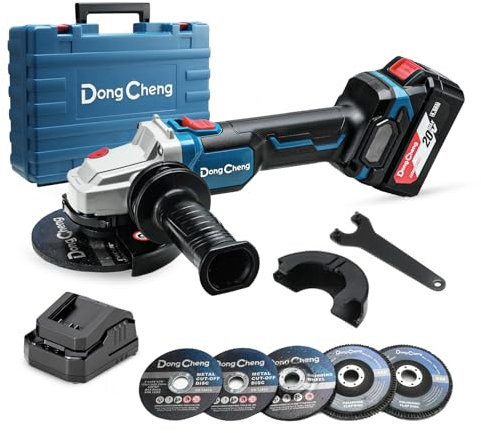DongCheng Akku-Winkelschleifer 18V, Ø 125mm, 1000W, bürstenloser Motor, 3 Drehzahlstufen, Schnellspannschutz, Anti-Vibrationsgriff, inkl. 2 Schleif-, 2 Fächer-, 2 Trennscheiben, 4.0Ah Akku & Ladegerät