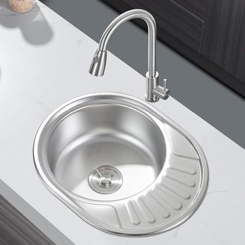 Melanstar Évier de cuisine, ovale, en acier inoxydable, à encastrer, à gauche, avec étagère et bonde, 1 bac, 57 x 45 cm