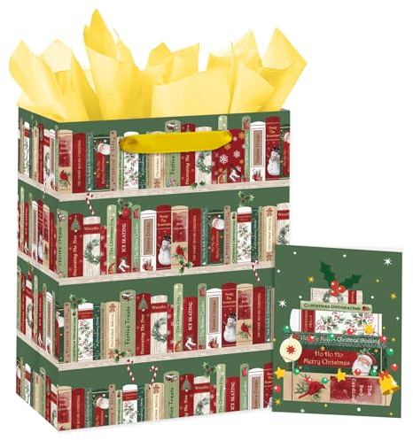 Loveinside Sac Cadeau De Noël Pour Garçons Et Filles, Motif Étagère À Livres Avec Guirlandes Lumineuses, Format Moyen Avec Papier De Soie, Étiquette Et Carte Pour Les Fêtes, 25,4X12,7X33 Cm, 1 Pièce