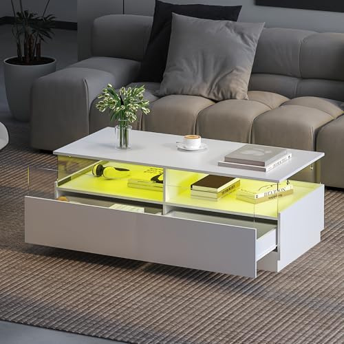 KEEPREAPER Couchtisch Wohnzimmertisch mit LED und 2 Acryltüren-Schubladen | Beistelltisch für Wohnzimmer 108 x 50 x 40 cm Weiß